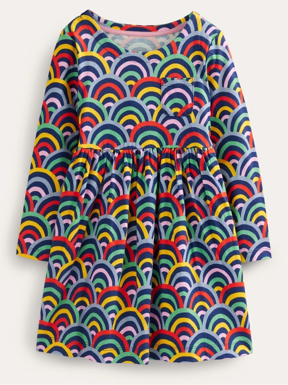 Mini Boden Rainbow Fun Printed Jersey Dress - Medieval Blue Rainbow